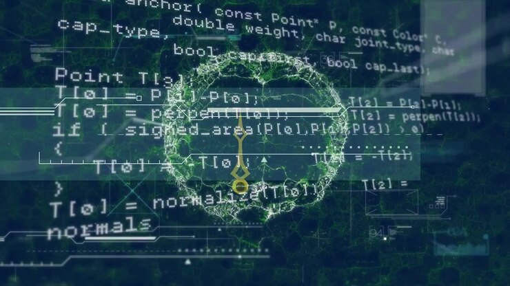 Animation of data processing and globe on black background