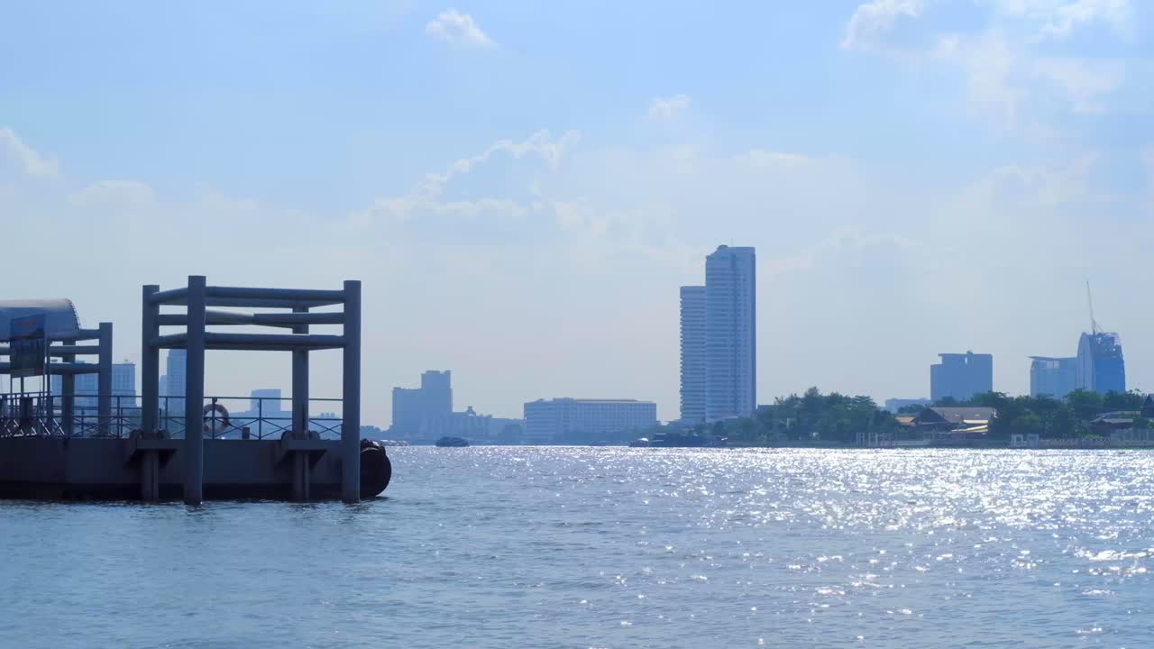 Passenger boat stations water float. The nice sun light water surface reflexion of river. Chao Phraya River of Thailand. Land of smile.