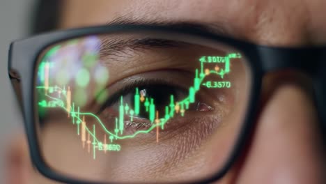 a close-up view of market data reflected in glasses, highlighting the intricate details of financial trends and stock movements through a focused lens