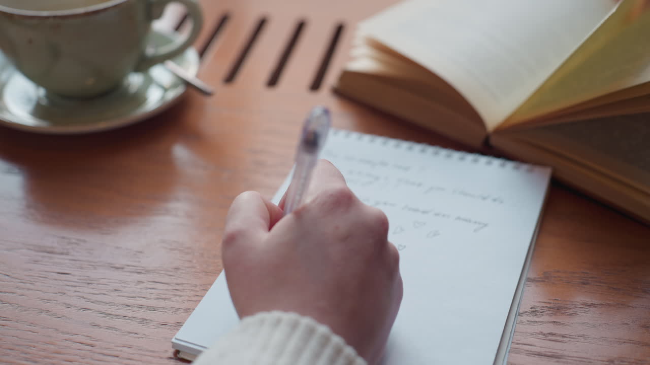 close up hand view of person wearing white sweater writing in spiral notebook with pen near open book and coffee cup on wooden table in cozy indoor setting with soft daylight from window