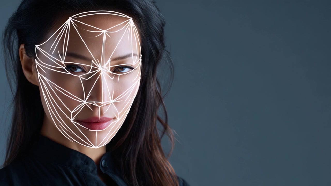 Un'affascinante rappresentazione di una donna con mappatura facciale digitale, che mostra linee intricate che evidenziano i tratti e le espressioni del viso in uno stile moderno e artistico.