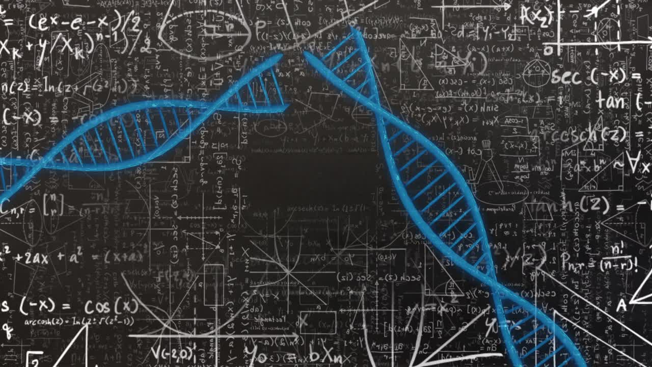 DNA strand and mathematical equations, scientific data processing