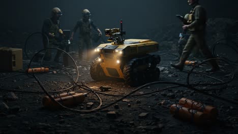 a sophisticated robotic unit assisting ground operations amidst hazardous conditions, equipped with advanced technology for exploration and security tasks