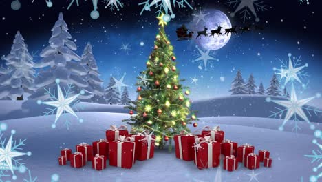Animation-Von-Weihnachtsschneeflocken,-Die-über-Einen-Baum-Fallen,-Und-Geschenken-In-Einer-Winterlandschaft