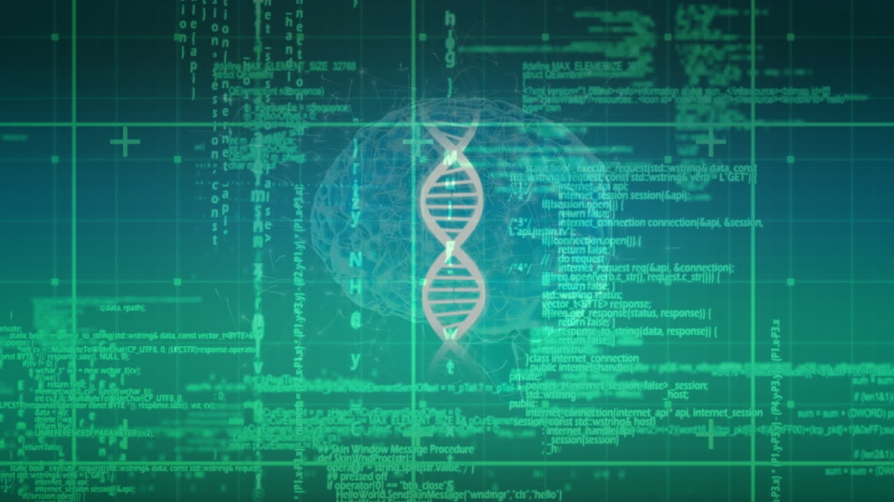Animation of data processing over chemical formulas, brain and dna chains in green space