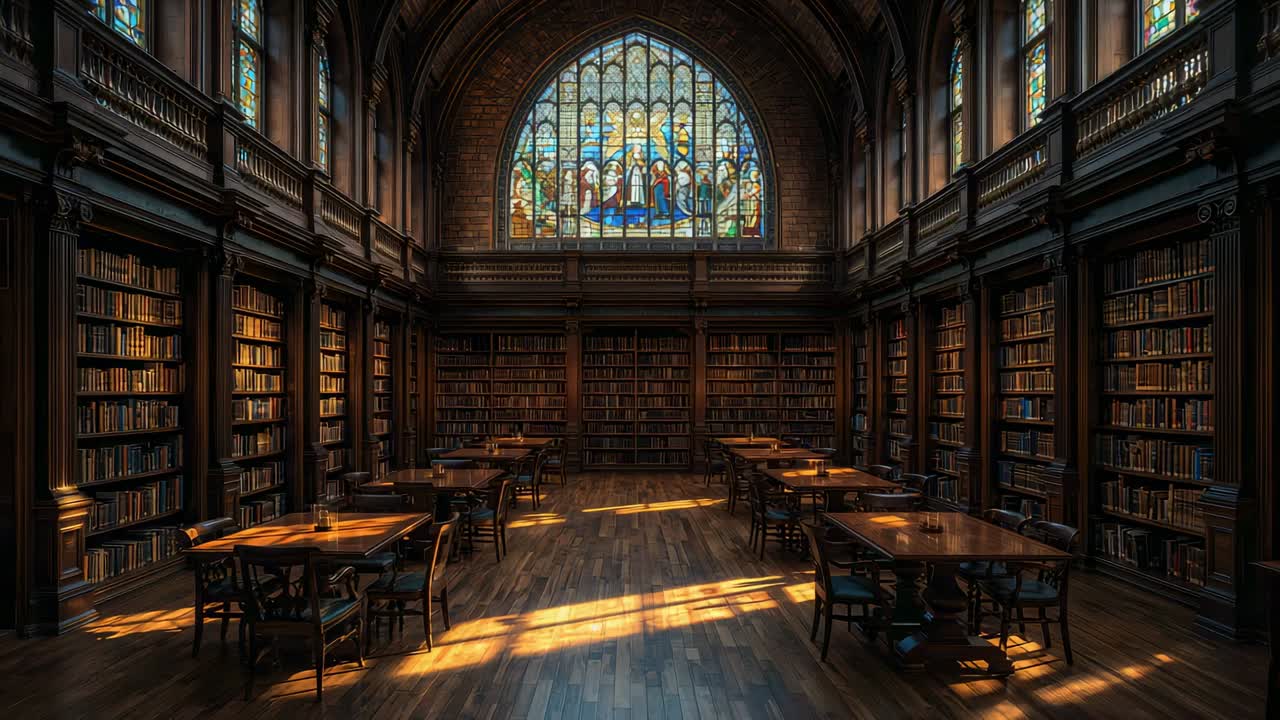 Shifting sunlight as sun moving across grand hall lighting stained-glass window, wooden tables