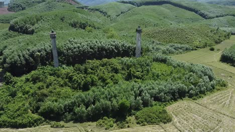 aerial view of two stone columns sticking out from forest in rural landscape in vietnam