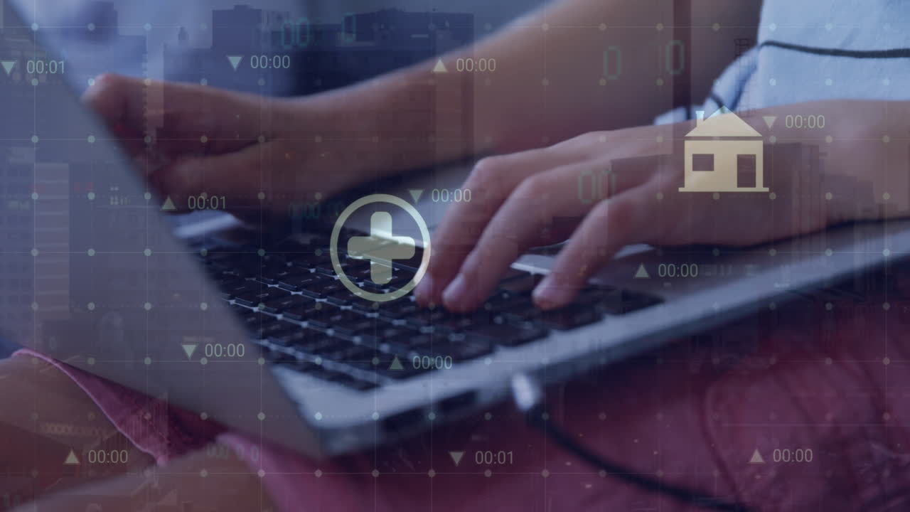 animación de iconos, números, patrón de cuadrícula sobre la sección media de un niño caucásico estudiando en una computadora portátil