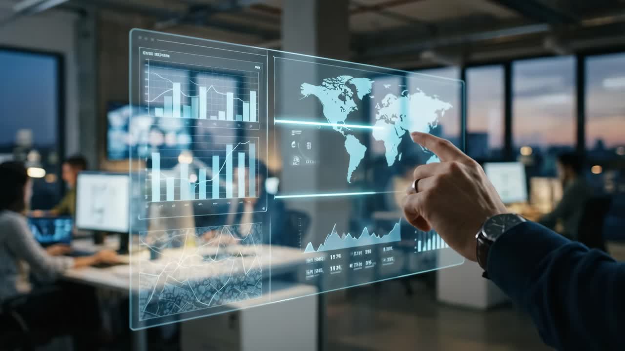 Hand Interacting with Futuristic Holographic Data Screen in Modern Office