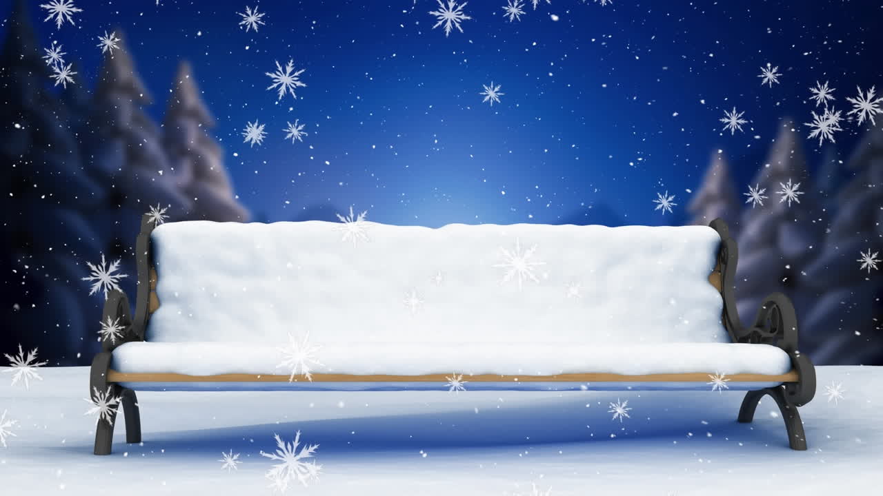 겨울 풍경에서 벤치 위에 떨어지는 눈의 애니메이션