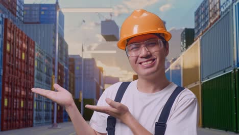 close up de hombre asiático trabajador con gafas de protección y casco de seguridad sonriendo y apuntando a un lado mientras está de pie en el almacén de contenedores