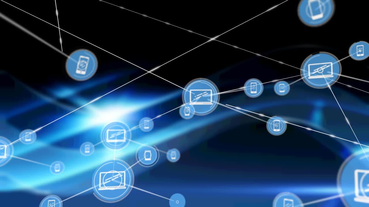 검은색 배경의 파란색 모양 위에 아이콘으로 연결 네트워크의 애니메이션