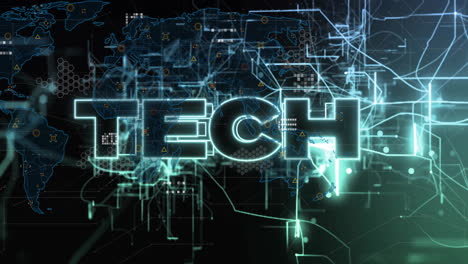 tech text animation over digital world map with data and network connections