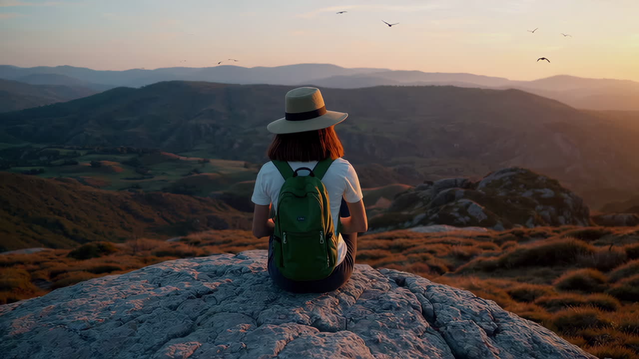 Woman Hiking at Sunset in the Mountains