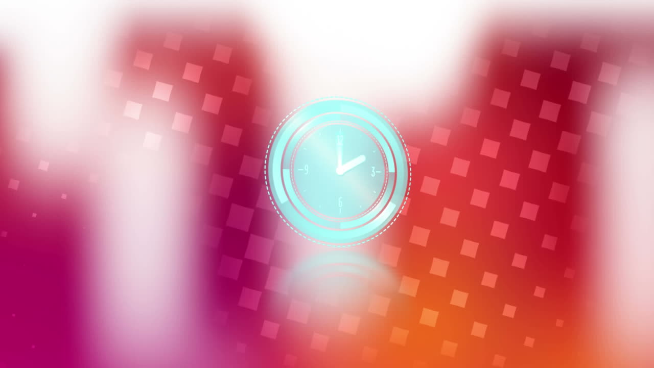 Orologio digitale al neon che ticchetta su un motivo a forme quadrate multiple su sfondo sfumato rosso