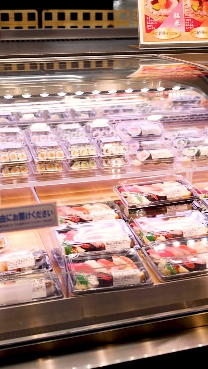 冷蔵食品コーナーで寿司を選ぶ客