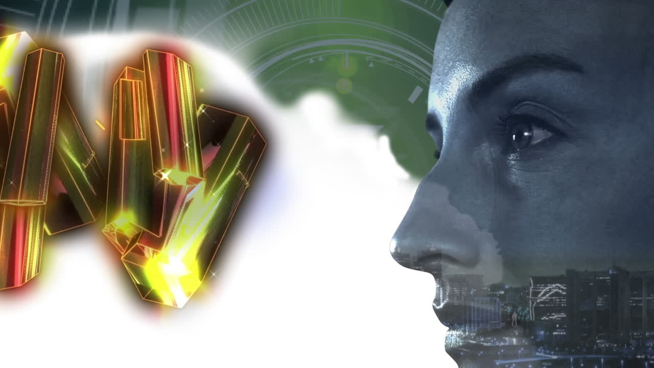 animación de bloques de oro brillantes, alcance y red de conexiones sobre la cara de la mujer