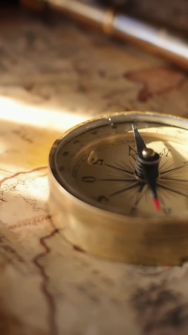 Vintage compass on an old map, close-up angle. Ideal for a historical adventure video