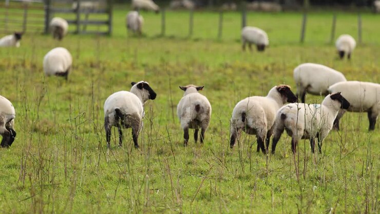 Sheep graze peacefully in a lush green pasture under soft daylight at Lake Tekapo, New Zealand