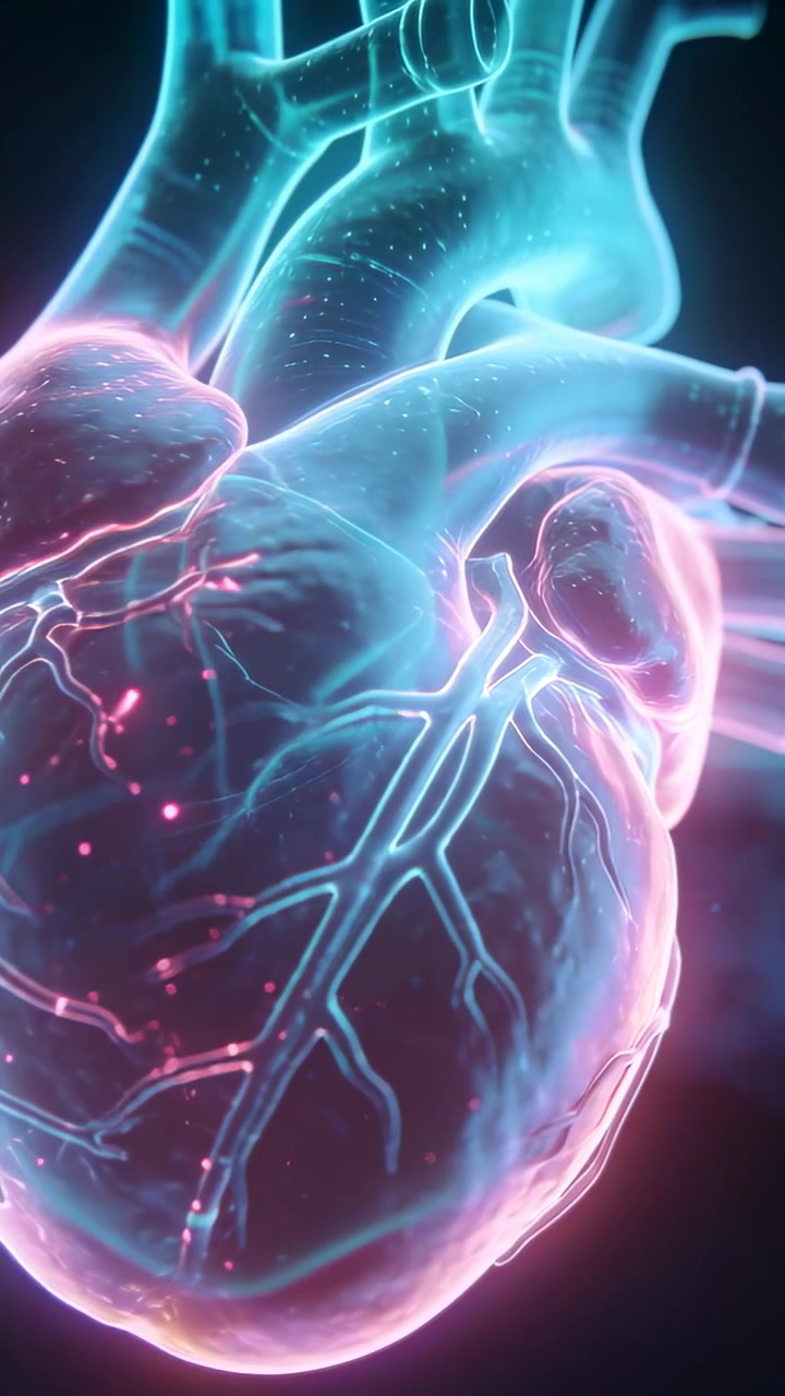 Video verticale: Cuore 3D che panoramica, ruota e pulsa in un rendering, con particelle che mostrano i vasi coronarici