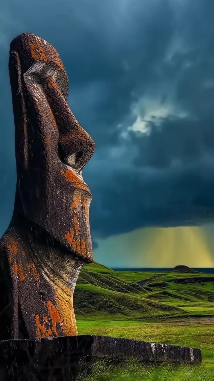 Antica Statua Moai sull'Isola di Pasqua Sotto Cieli Tempestosi con Pioggia