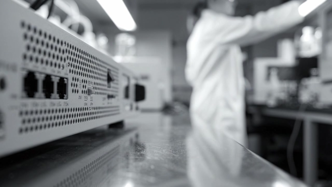A researcher in a laboratory setting focused on conducting experiments and handling scientific equipment, with a modern setup highlighted by sleek technology.