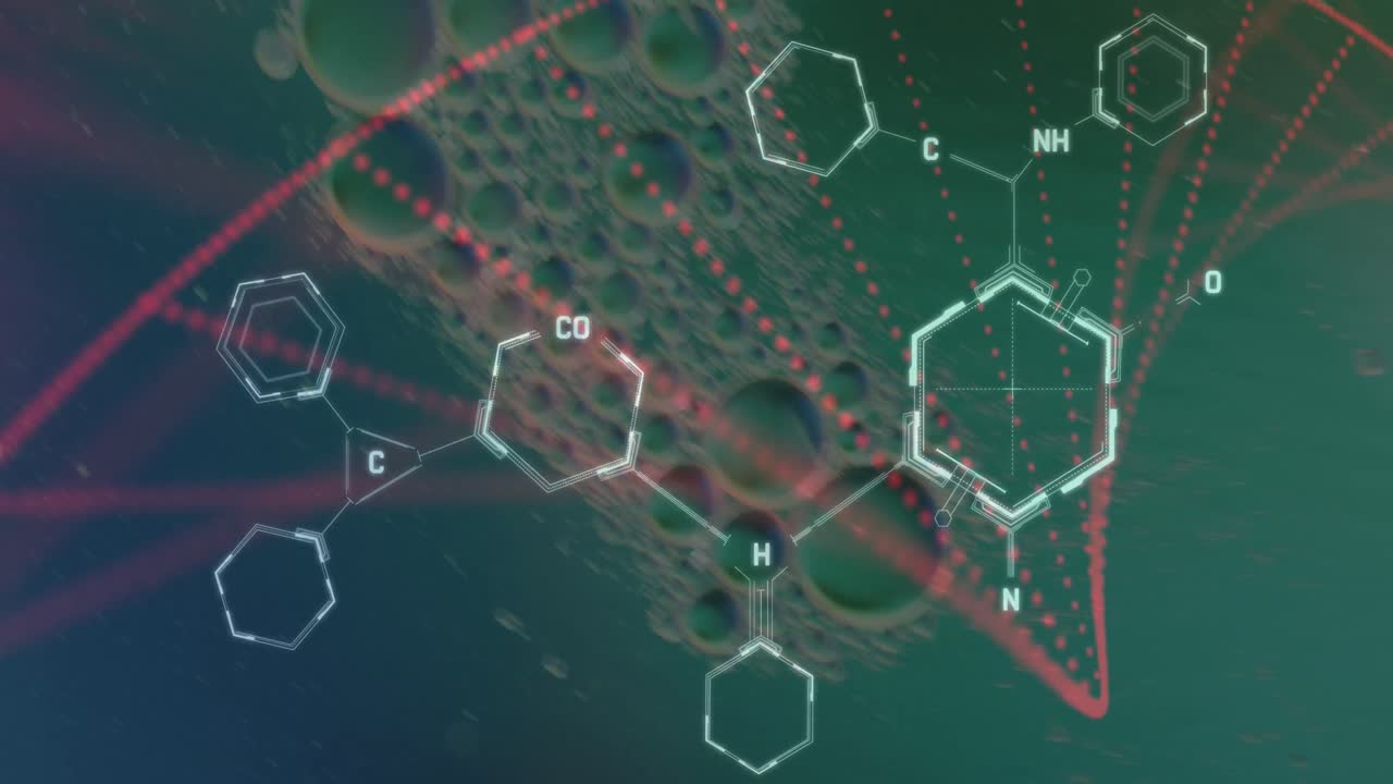 녹색 배경에 dna 줄무와 화학 공식 위에 거품의 애니메이션