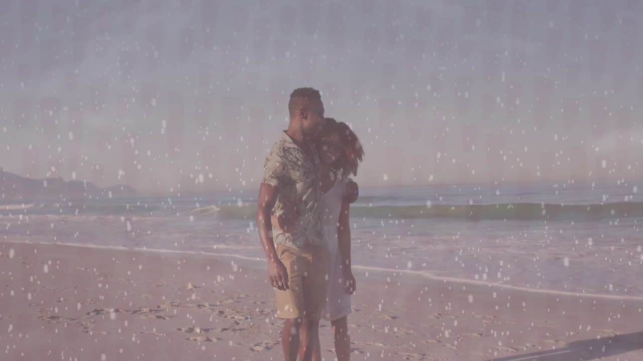 couple walking arm-in-arm on sandy beach in travel marketing, glowing particles floating around