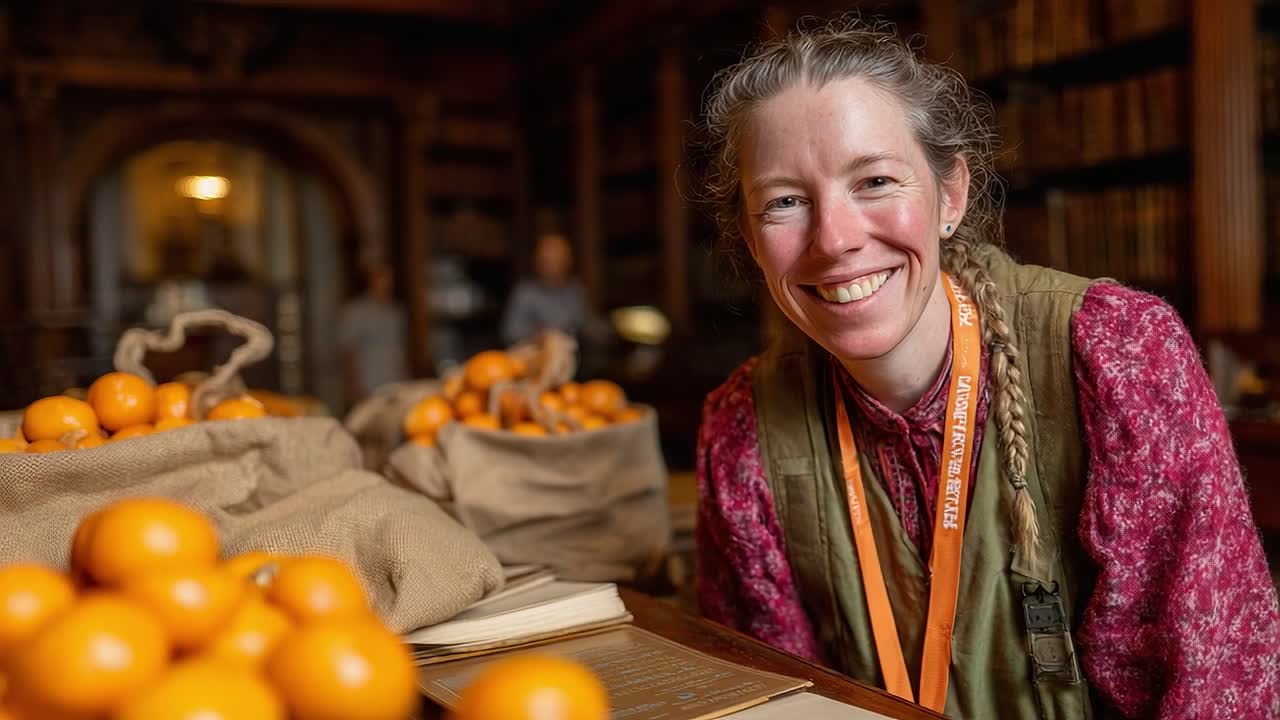 A Joyful Moment in a Historic Library: A Woman Smiling Amidst a Table Filled with Fresh Oranges and Open Books, Capturing the Essence of Knowledge and Nature