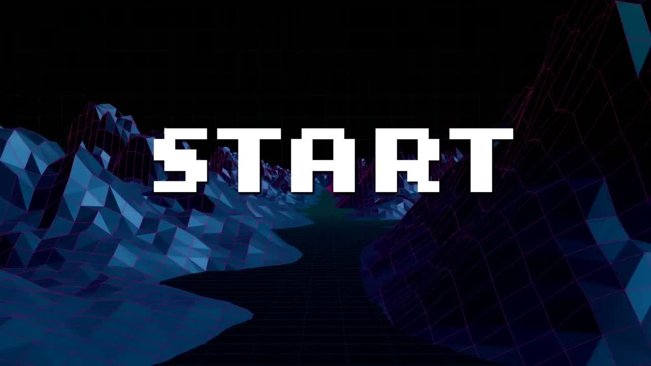Animation of start text in white letters over metaverse background