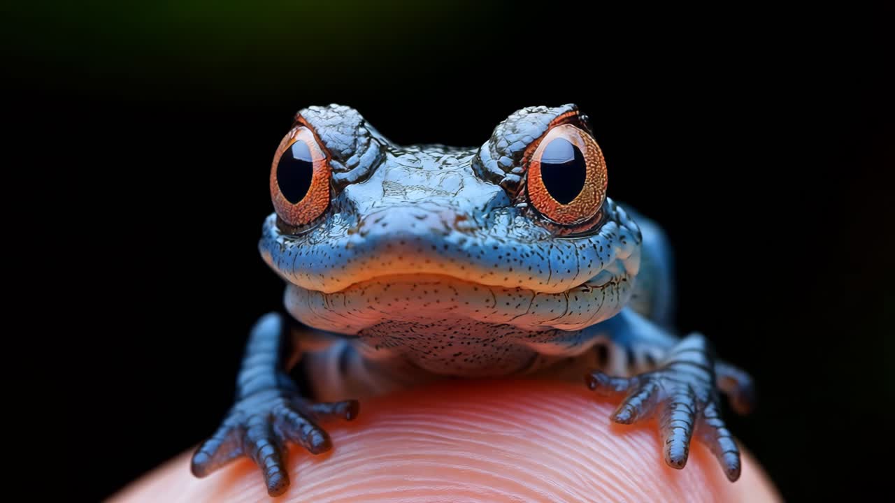 A frog with red eyes is sitting on a finger. The frog is looking at the camera. The image has a playful and curious mood