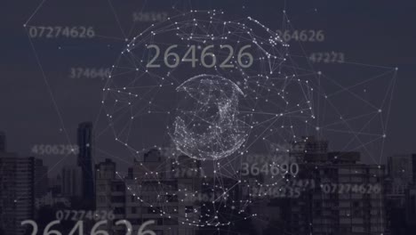 animation of network of connections with globe over cityscape