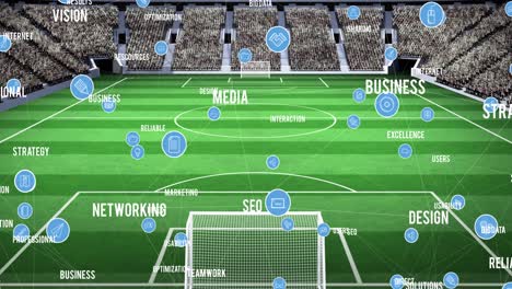 Animation-Des-Netzwerks-Von-Verbindungen-Und-Text-über-Leeren-Tribünen-Im-Sportstadion