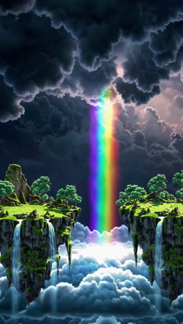 floating islands and rainbow under a dramatic sky