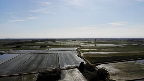Ein-Mavic-Luftdrohnenflug-über-Reisfelder-Voller-Wasser-In-Einer-Landschaft-Im-Norden-Italiens,-Der-Einen-Schönen-Kontrast-Und-Eine-Schöne-Reflexion-Mit-Dem-Sonnenlicht-Erzeugt