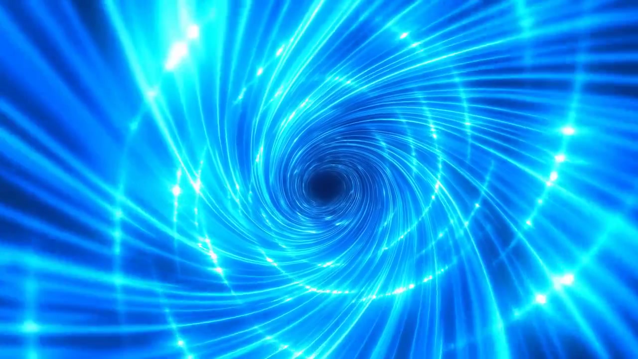 Blue Vortex Tunnel Spirals Into Center, Pilot Navigates Warp Corridor With Neon Streaks And Shimmering Energy