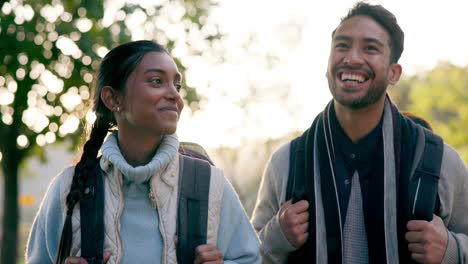 Hiking,-fitness-and-couple-in-a-forest-talking