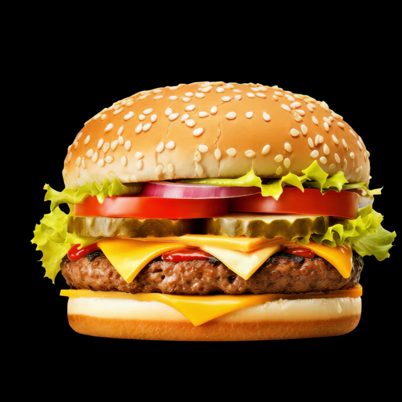 Delicious juicy cheeseburger delight animation isolated asset, transparent 4K video, alpha channel