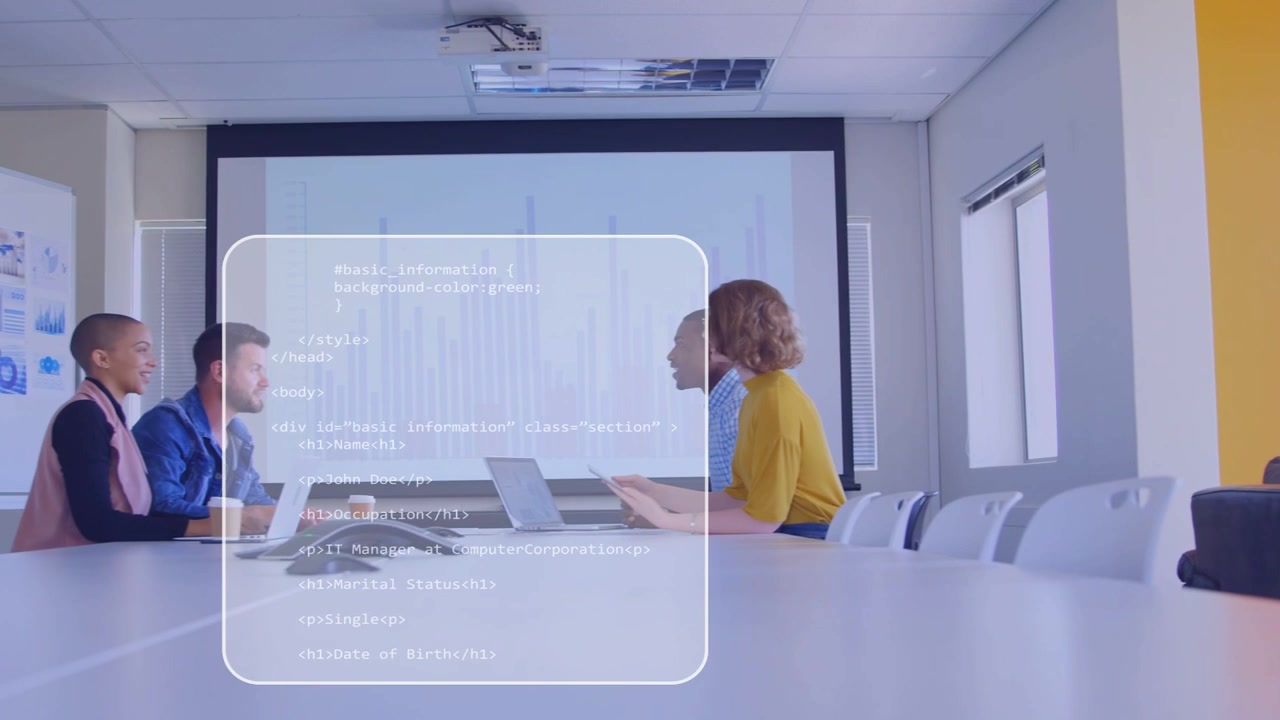 Woman in yellow starting business review team joining and analyzing bar chart with sliding overlays