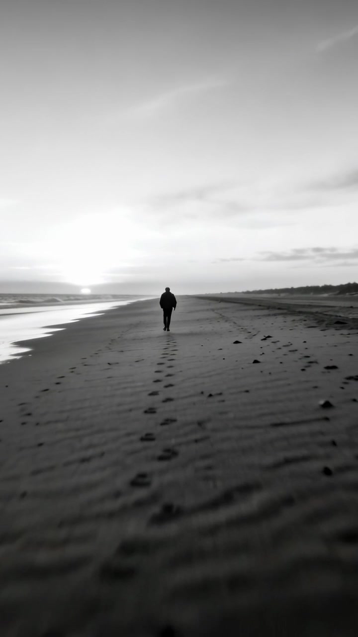 Vertical video: Walking man in dark jacket pants moving toward sun on beach, leaving footprints