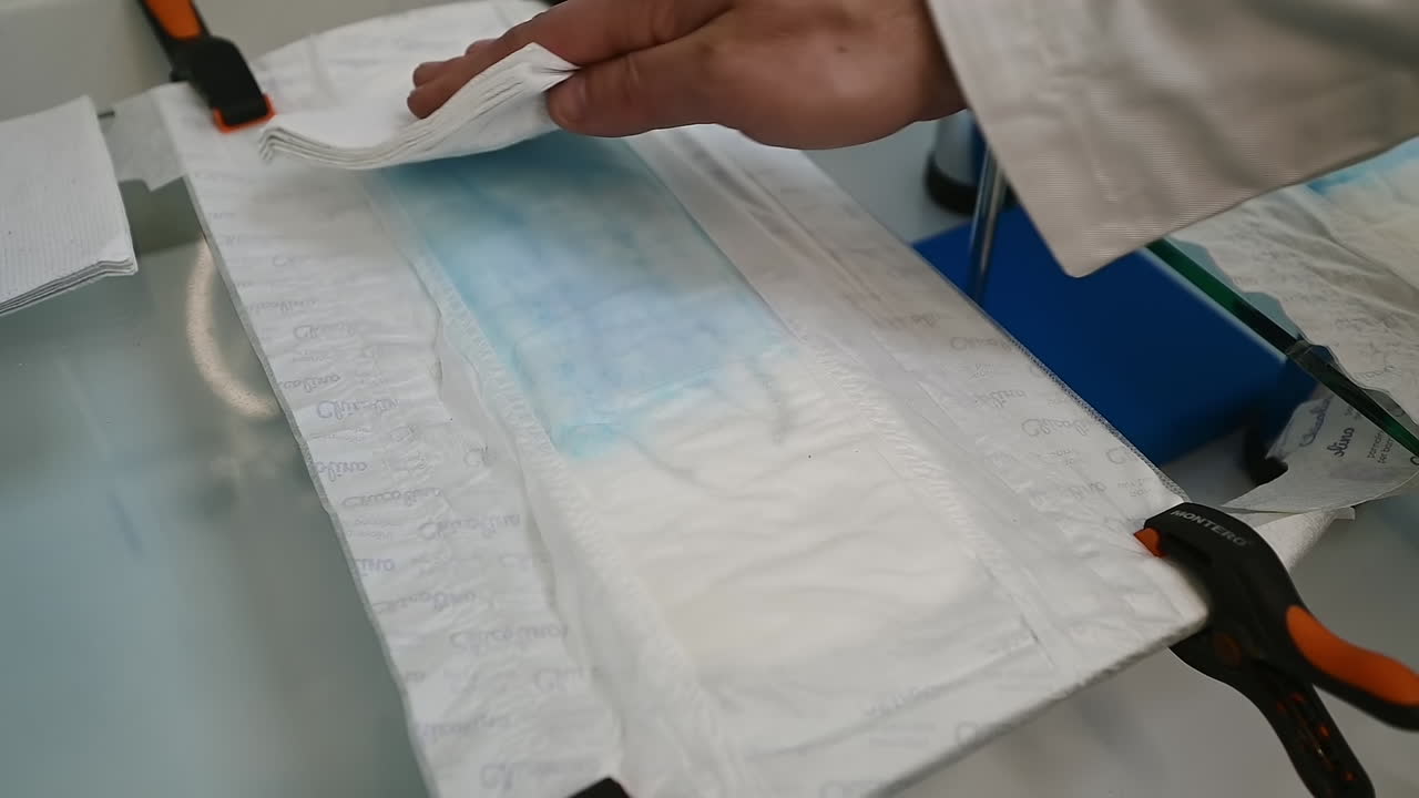 Checking diapers before packing. Worker checks the baby diaper before transport