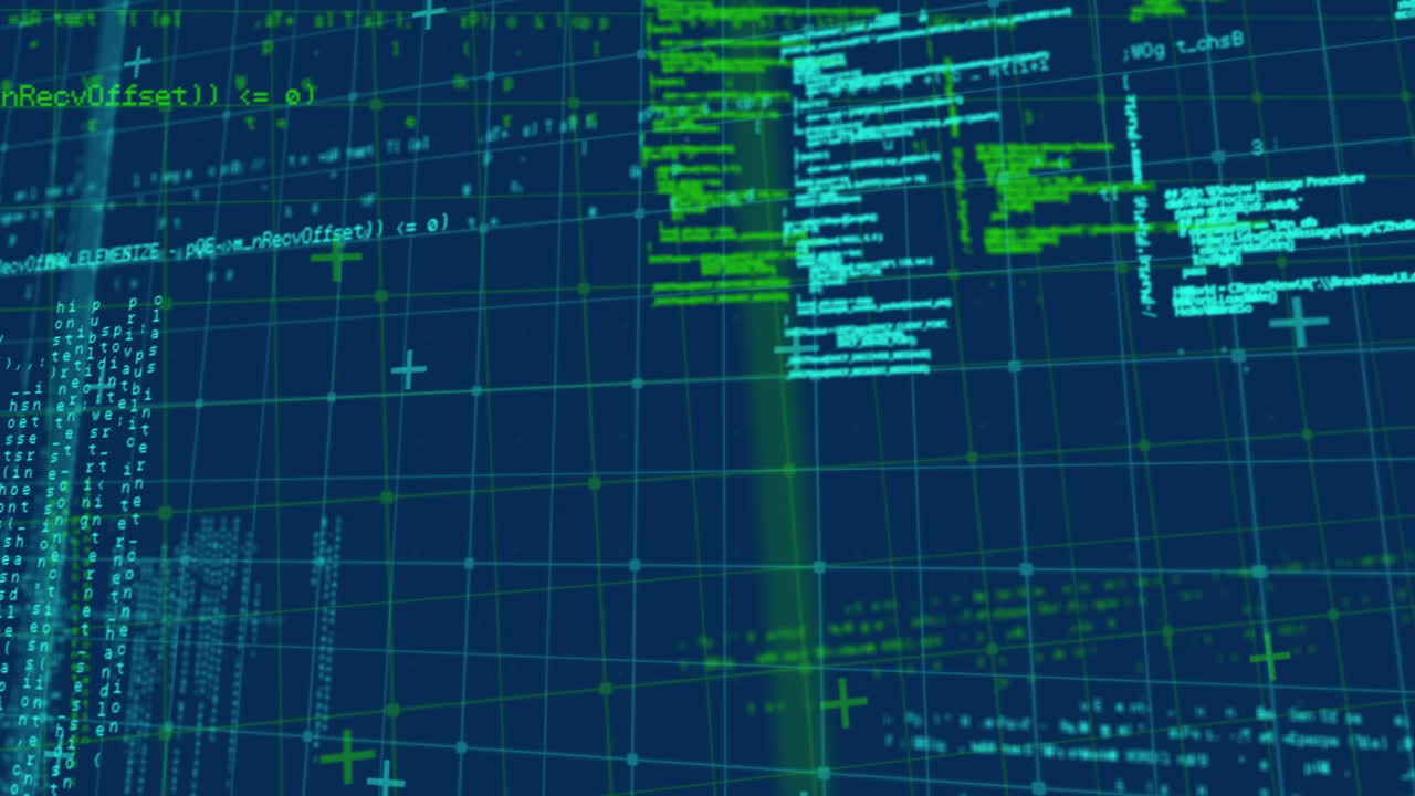 Animation of data processing over grid on blue background