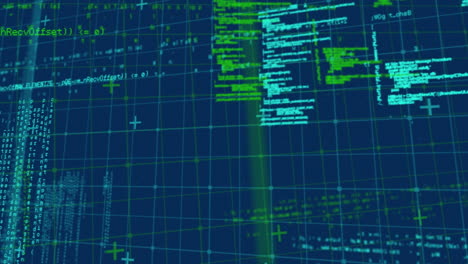 animation of data processing over grid on blue background