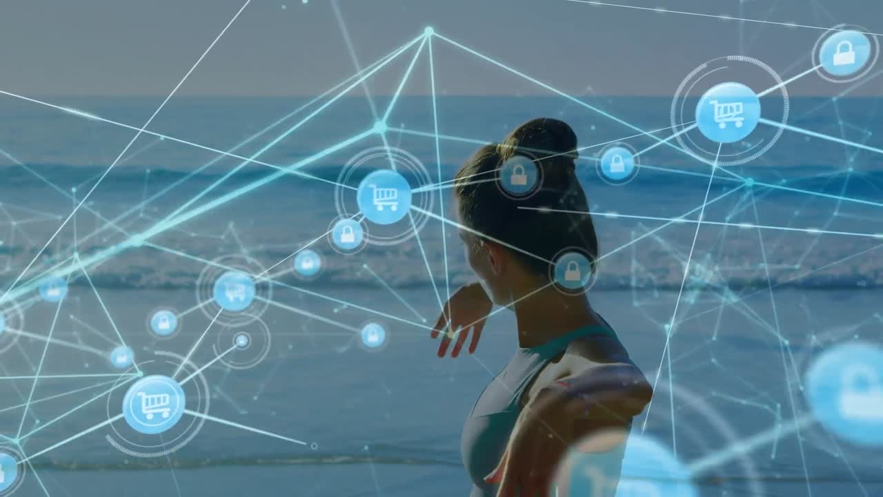 animación de una red de conexiones con iconos sobre una mujer biracial haciendo ejercicio en la playa