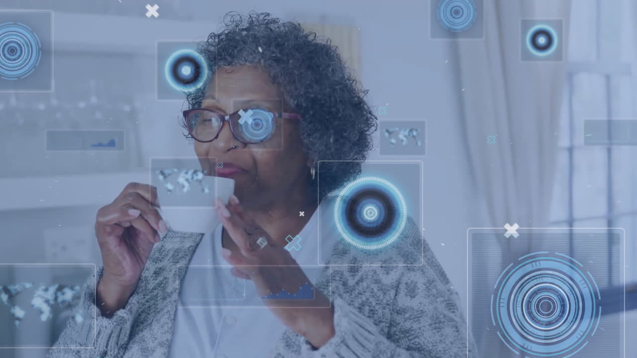 Animation of data processing over senior african american woman at home