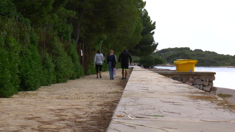 um grupo de pessoas passeando pelo calçadão com a água do lado direito e uma ilha à sua frente