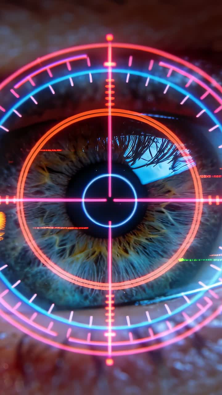 Video verticale: HUD (display heads-up) al neon che scansiona, apparendo e centrandosi su un primo piano dell'occhio, rilevando la pupilla per l'identificazione.