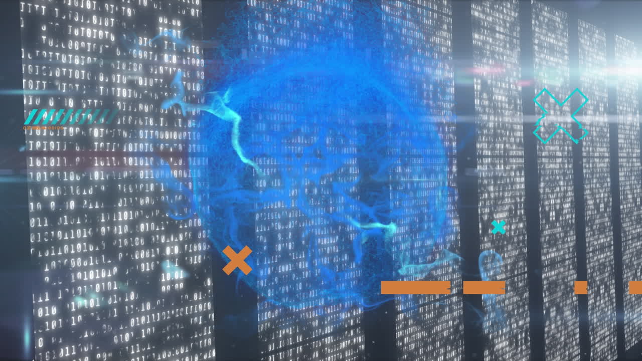 Animation of networks of connections and data processing over glowing computer servers