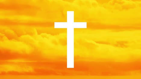 animation of white silhouette of white christian cross over orange and yellow clouds