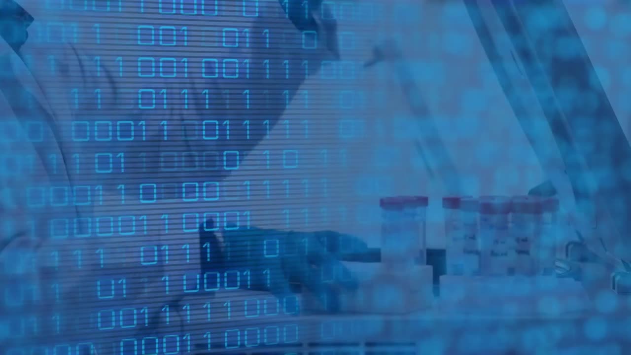 animación del procesamiento de datos sobre un científico caucásico en el laboratorio